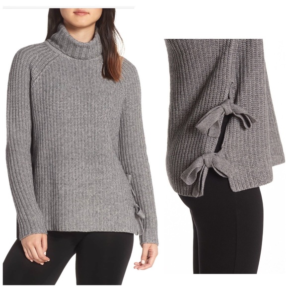 🆕 UGG Ceanne Heather Gray Chunky Knit Turtleneck Sweater w/ Side Bow Details - Picture 2 of 11